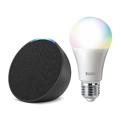 Echo Pop | Smart speaker compacto com som envolvente e Alexa | Cor Preta + Lâmpada Elgin 10W