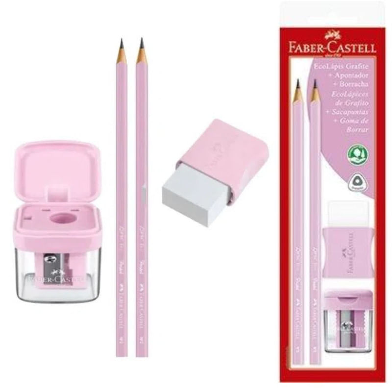 Kit Faber Castell Pastel Rosa 2 Lápis Grafite EcoLápis nº2 + Apontador + Borracha