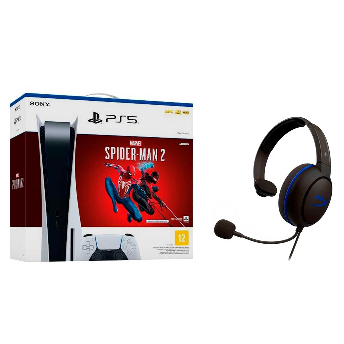 Console PS5 + Jogo Marvel Spider Man 2 + Headset Gamer HyperX 4PF42AA Preto/Azul