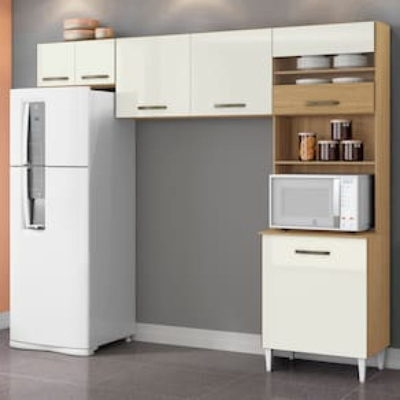 Cozinha Compacta Aramóveis Harmonia com 6 Portas e 4 Prateleiras - 226cm de largura - Amêndoa TX/Off White