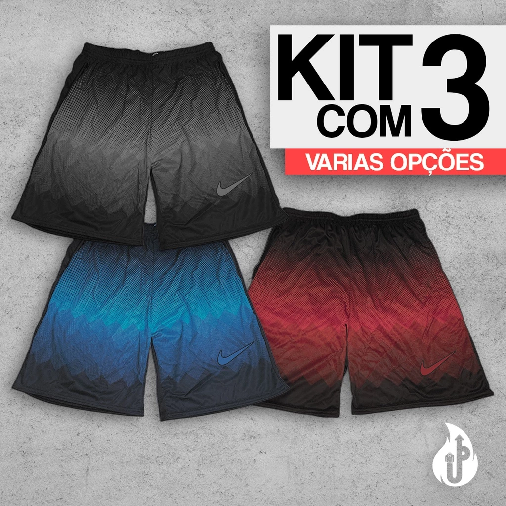 Kit com 3 Bermudas Shorts Colorido Dry Fit Futebol