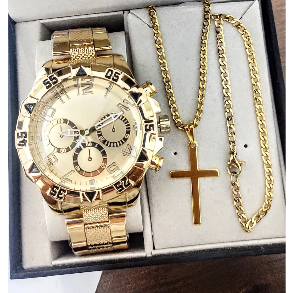 Conjunto relógio masculino + corrente cruz e pulseira dourado