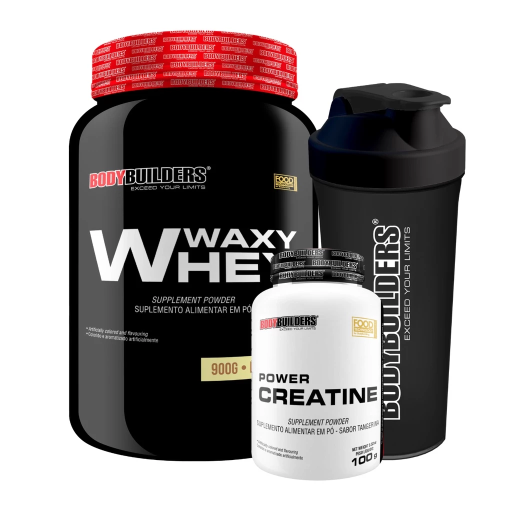 Kit Whey Protein Waxy Whey Pote 900g + Power Creatina 100g + Coqueteleira - Aumento de Massa Muscular - Bodybuilders