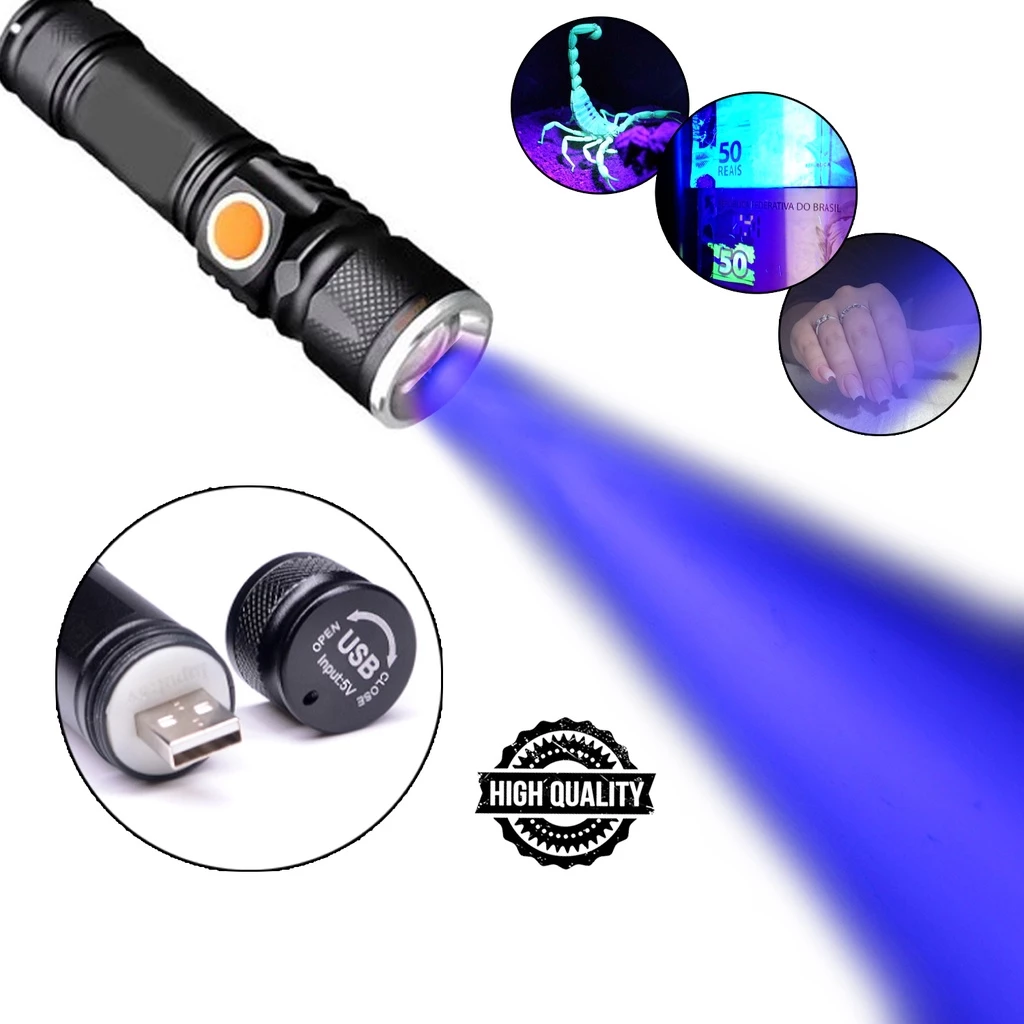 Lanterna Ultravioleta Recarregável USB Luz Negra UV Potente LUZ ROXA
