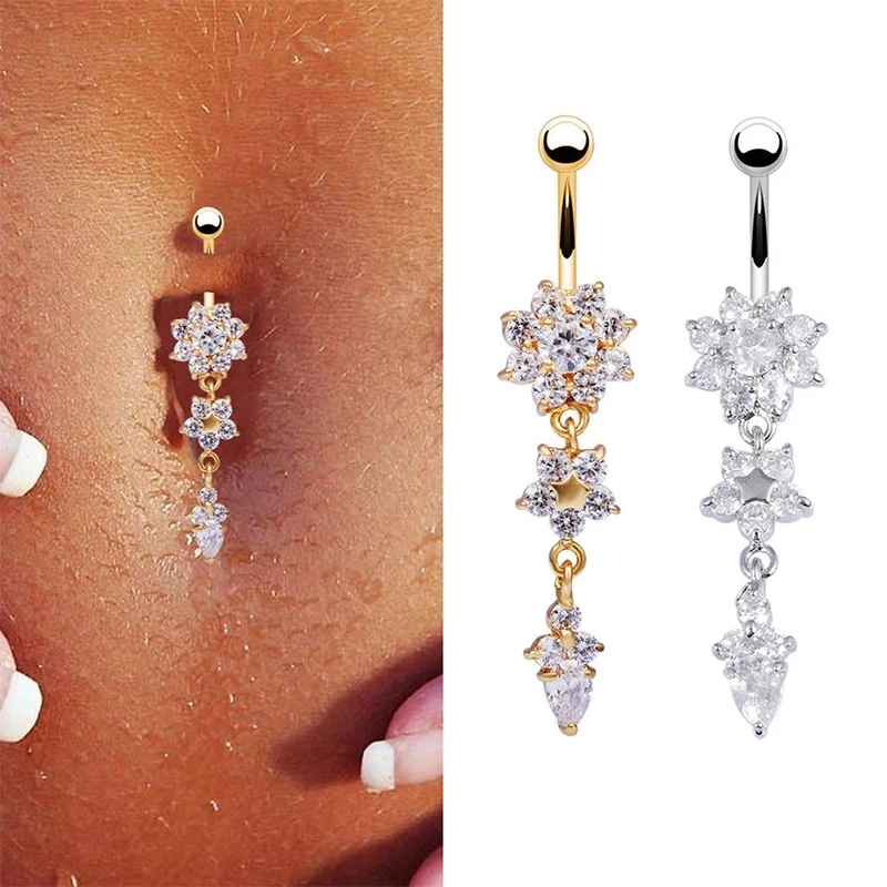 Colorful Zircon Crystal Flower Snake Shape Belly Button Ring/AB Cubic/Nail Piercing Jewelry/Stainless Steel Threaded