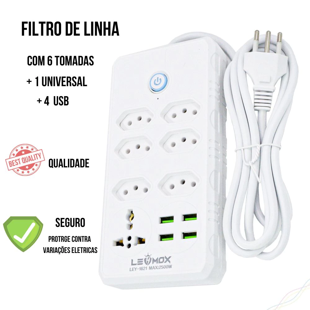 Régua Filtro de Linha com 7 Tomadas Extensão Elétrica 1 Universal 4 USB Bivolt 10A 110v/220v Cabo de 2 Metros