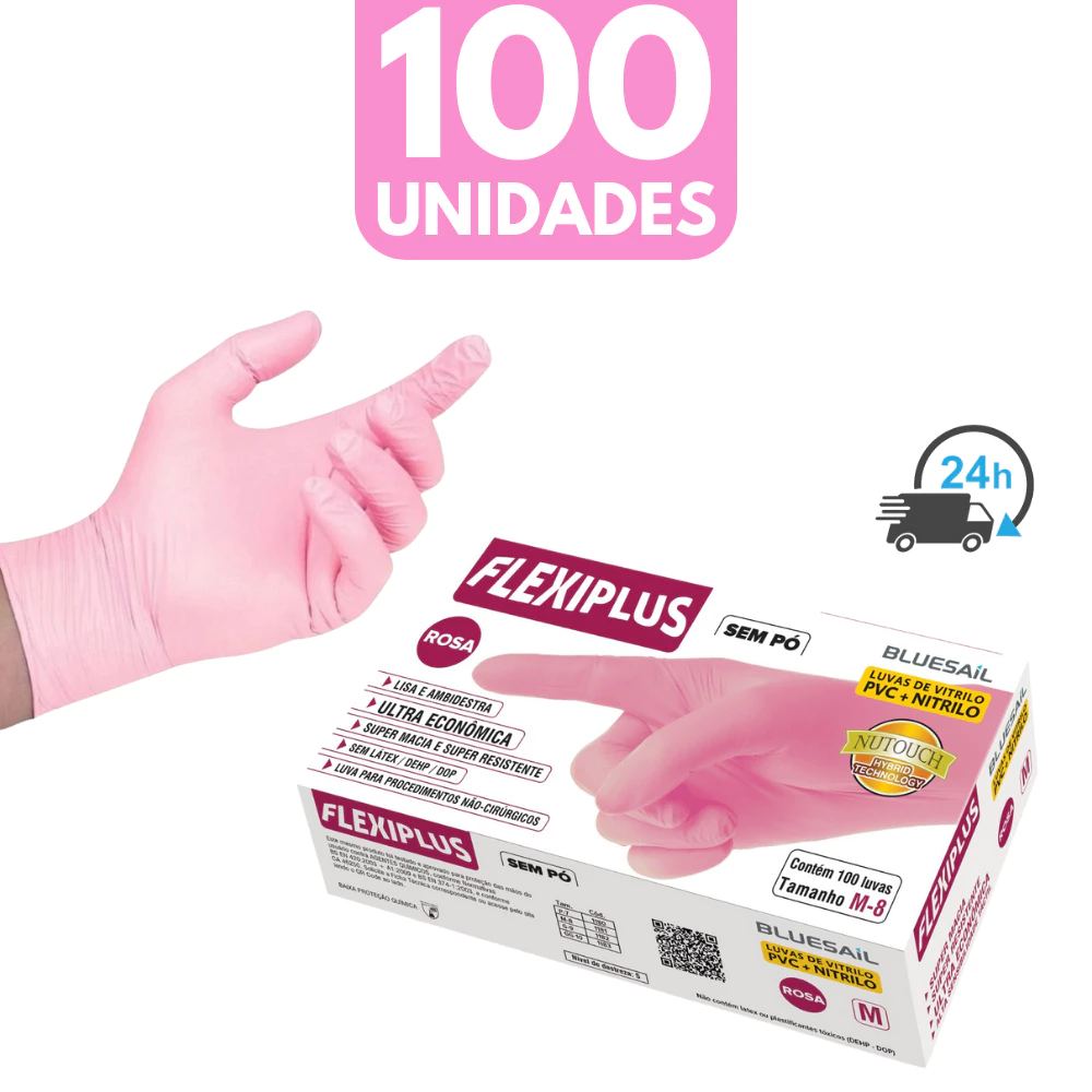 Luva Descartável Nitrilica Rosa Caixa C/100 Unidades Pink Nitrilo De Procedimento