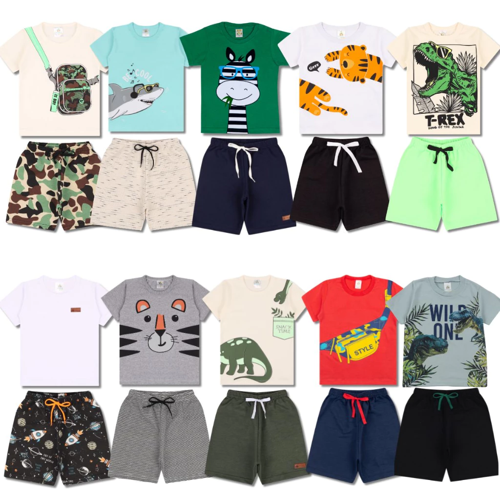 Kit Sortido 10 Peças de Roupas Infantil Menino- 5 Camisetas + 5 Bermudas - Promoção - Kit com 5 Conjuntos de Roupa Infantil Menino Verão Masculino Bebe Barato