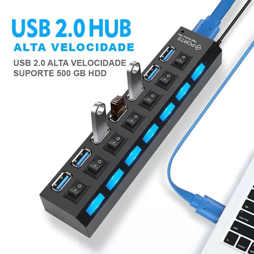 Hub Usb 2.0 7 Portas Pen Drive Teclado 480mbps Hd
