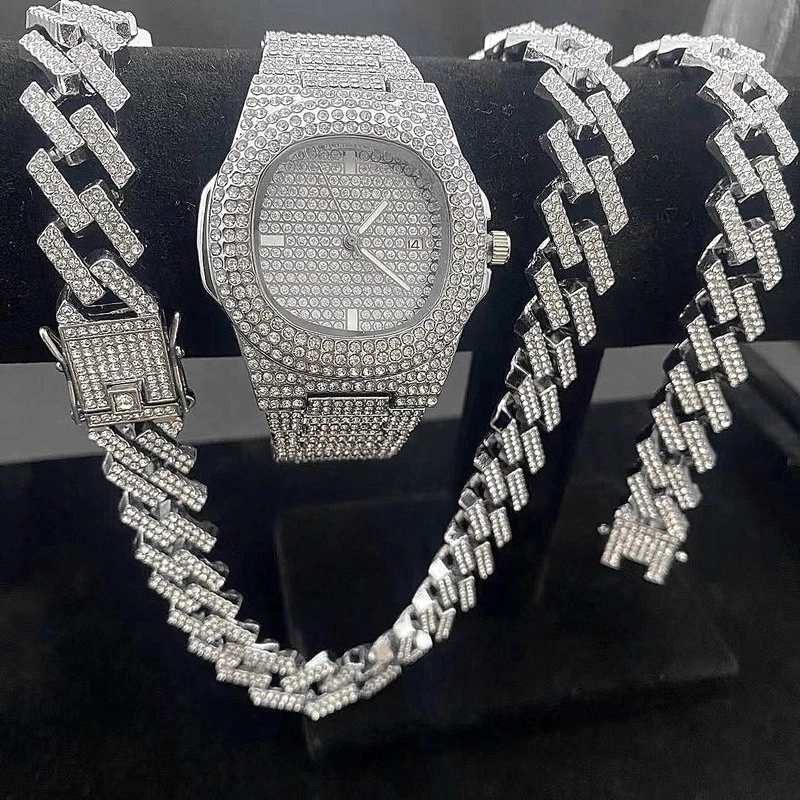 Novo Relógio Masculino Com Corrente Conjunto De Relógios De Gelo Colar De Diamante Hip Hop Pulseira Masculina Jóias