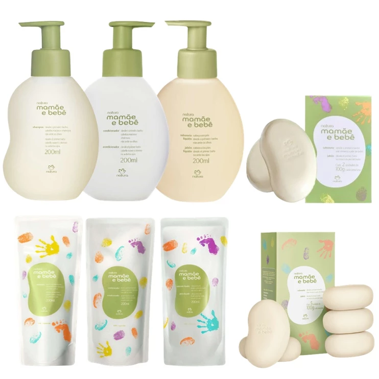Mamãe e Bebê Natura: Shampoo, Condicionador, Sabonete Líquido ou em Barra + Saboneteira ou Lenços Umedecidos (Clássico e Relaxante)