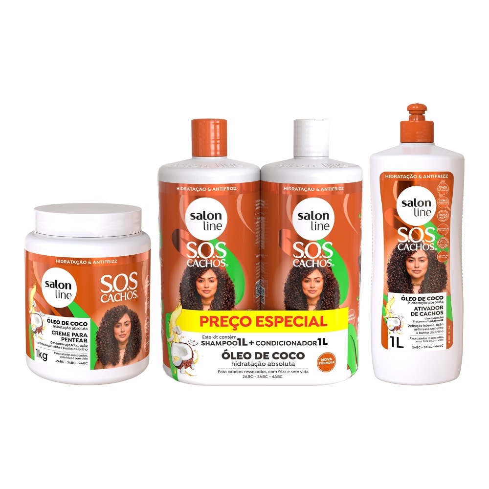 Kit SOS Cachos Coco Familia com Creme e Ativador Litrão Salon Line