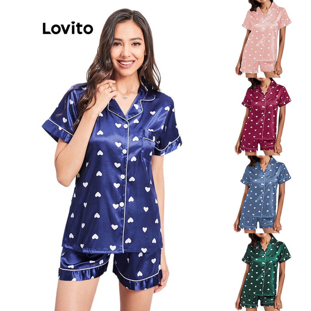 Lovito Conjunto de Pijama Americano de Seda Fria Soft Com Mangas Curtas e Estampa De Amor L02023 (Azul)