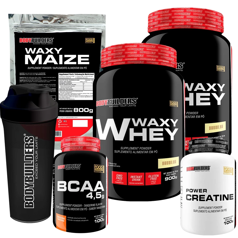 Kit 2x Whey Protein Waxy Whey Pote 900g + BCAA 4,5 100g + Power Creatina 100g + Waxy Maize 800g + Coqueteleira - Aumento de Massa Muscular– Bodybuilders