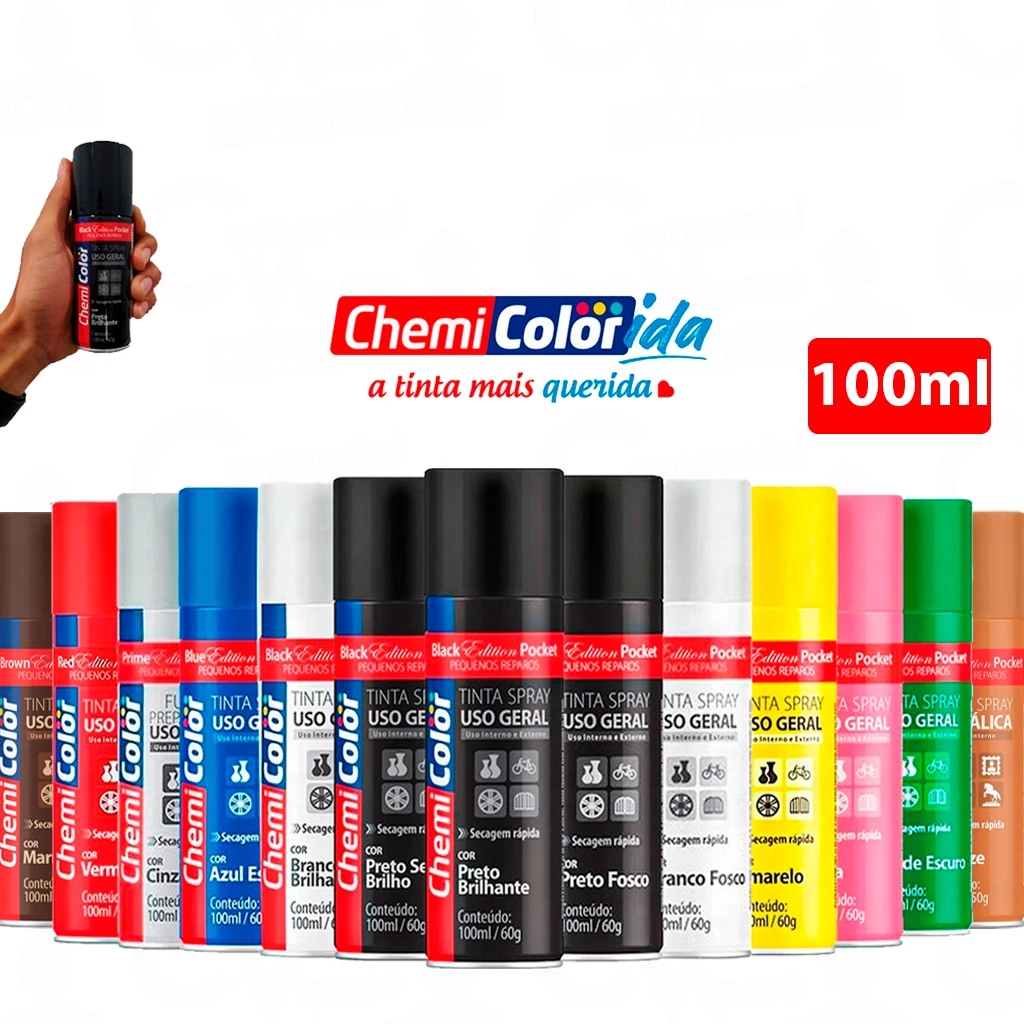Tinta Spray ChemiColor 100ml 60g Pocket Uso Geral / Metálica / Luminoso  - Diversas Cores