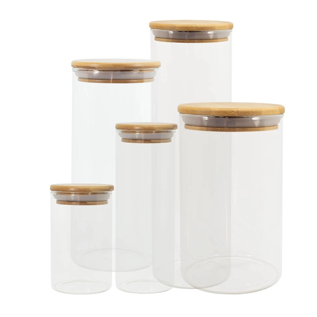 Kit 5 potes de vidro herméticos redondos p/ mantimentos com tampa de bambu 250ml, 450ml, 800ml, 1,1L e 2L- Oikos