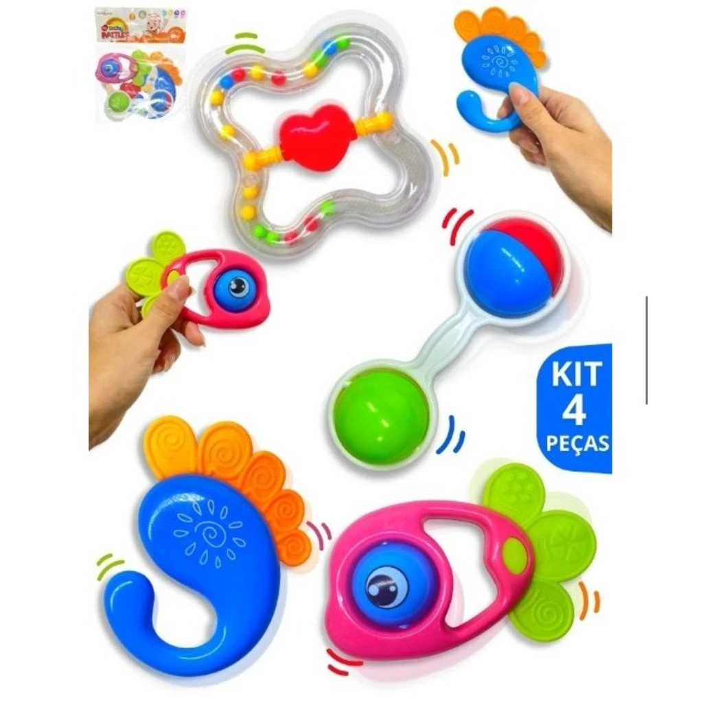 Top toyBrinquedos Para Bebê Kit com 4 pçs Chocalho + Mordedor Macio Colorido