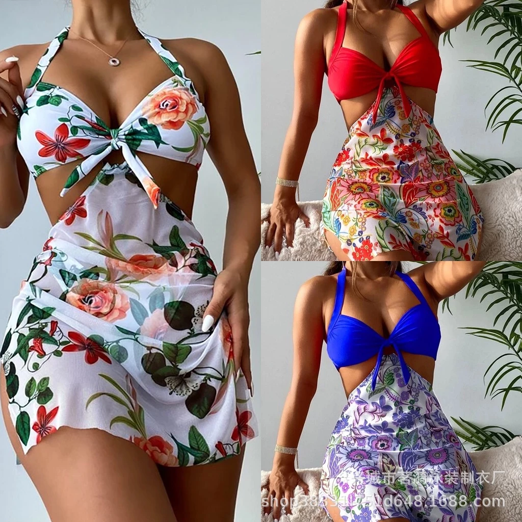 Biquíni De Três Peças Sexy Feminino Moda Multicor Impresso One Piece Swimwear