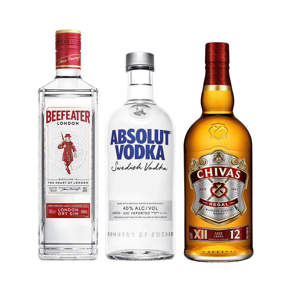 Kit Gin Beefeater London Dry 750ml + Vodka Absolut Regular 750ml + Whisky Chivas Regal 12 anos 750ml - Bar Aberto Nossa