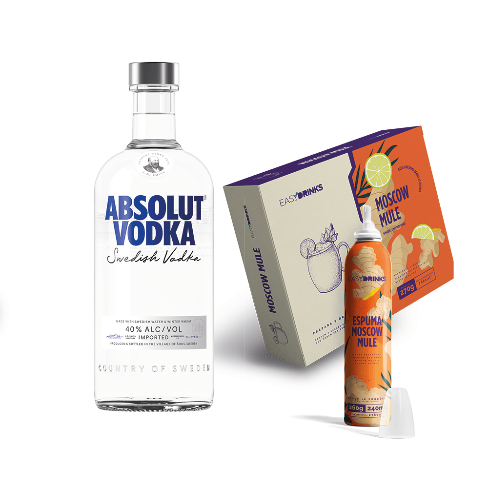 Kit para Esquenta com 1 Absolut 750ml + 1 Kit pronto para Moscow Mule que faz 6 drinks + 1 Espuma de gengibre Easy Drinks