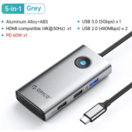 USB Hub Orico 5 em 1 USB Tipo C VGA com HDMI