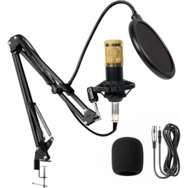 Kit Microfone Condensador com Braço Articulado e Pop Filter para Transmissão Ao Vivo Podcast - BM800