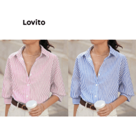 Blusa de Algodão com Botões de Listras e Colarinho para Mulheres Lovito