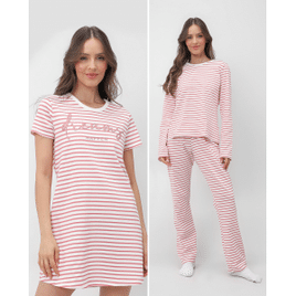 Kit Pijama Longo Feminino + Camisola Listrada