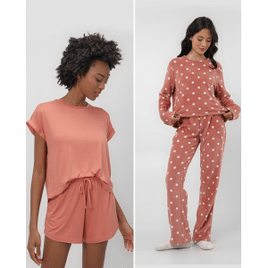 Kit Pijama Feminino 4 Peças Liso e Poá Rosa