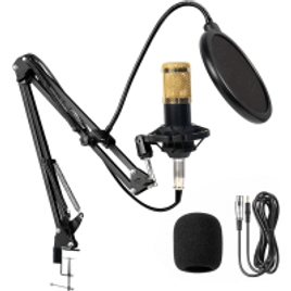 Kit Microfone Condensador com Braço Articulado e Pop Filter para Transmissão Ao Vivo, Podcast, Gravação de Audio