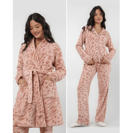 Kit Pijama Longo Feminino Americano + Robe com Fleece com Amarração