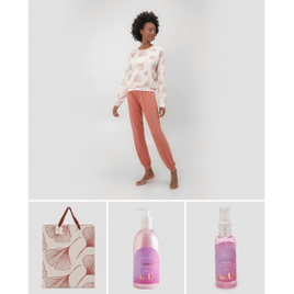 Kit Pijama Longo Feminino Floral + Body Splash 120ml + Sabonete Líquido 300ml Poema + Sacola Presente