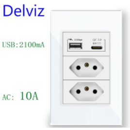 Conjunto 2 tomadas 10A + 2 Portas USB, Painel de Vidro 110 - 250V