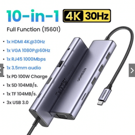 Hub UGREEN USB C 10 em 1 Tipoc C Ethernet 4K HDMI VGA PD 3 USB 3.0 Ports 3.5mm SD/TF Cards Reader