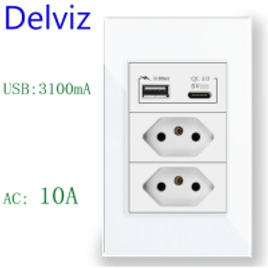 Conjunto 2 Tomadas 10a + 2 Portas USB Painel de Vidro 110 - 250v