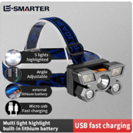 Lanterna de Cabeça Recarregável USB 5LED Portátil