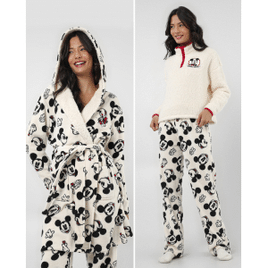 Kit Pijama Longo Feminino + Robe em Fleece Mickey Branco Disney