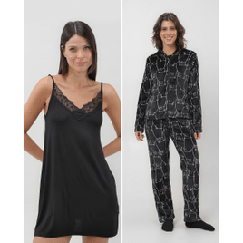 Kit Pijama Longo Feminino Fleece + Camisola Decote V Preto