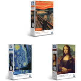 Kit Quebra-cabeça Vincent Van Gogh: A Noite Estrelada + Leonardo Da Vinci - A Mona Lisa + Edvard Munch: O Grito