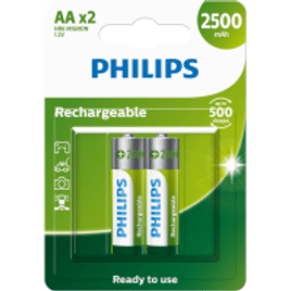 Pilha Philips Recarregável AA 1.2V 2.500mAh com 2 Unidades R6B2RTU25/59