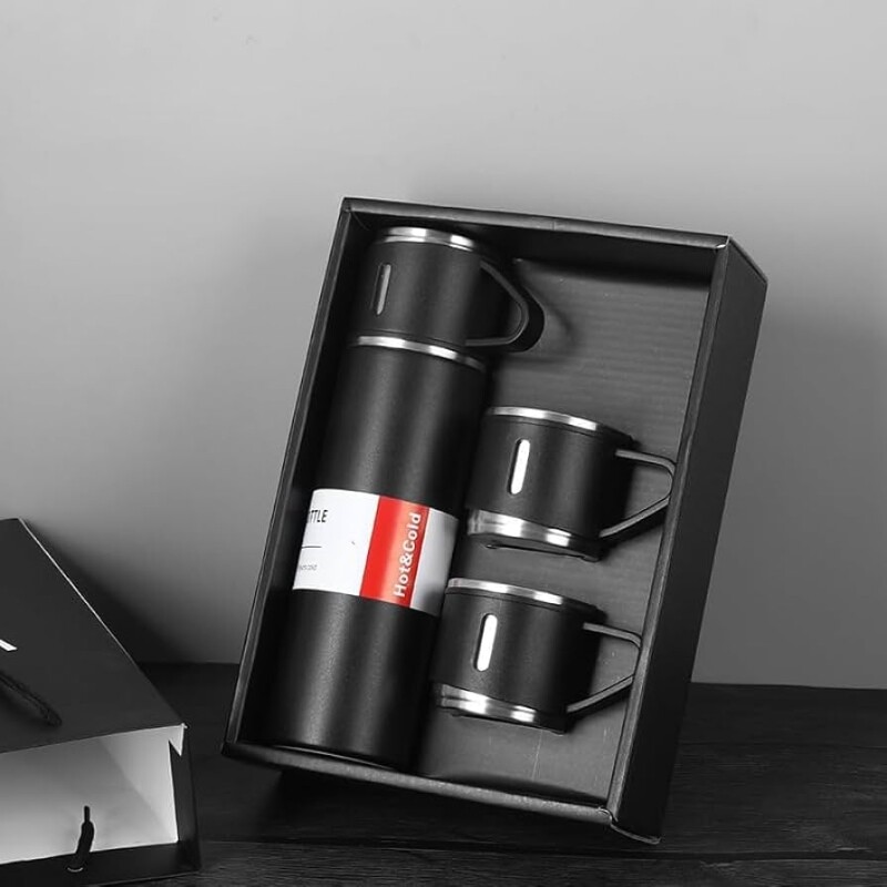 Kit Garrafa Térmica Vacuum Flask Set Inox 500ml + 3 Xícaras (Preta)