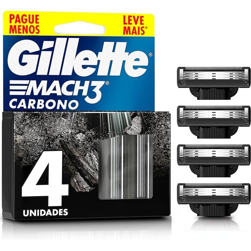 Gillette Mach3 Carbono Refil para Aparelho de Barbear reutilizável com Carvão Ativado e Fita Lubrificante Melhorada 4