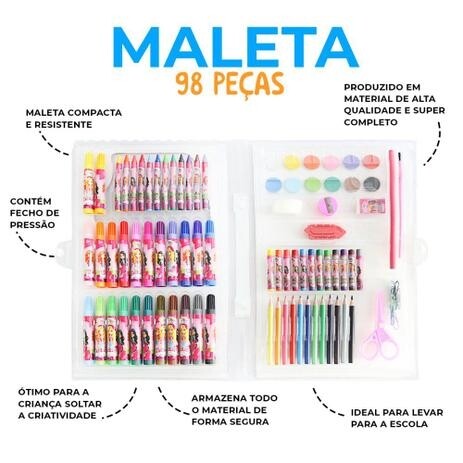 Maleta Kit Escolar Infantil 98 Peças Glam Girls Canetinhas Lápis de Cor Apontador Giz Tinta Régua Pincel Clips - Well Kids