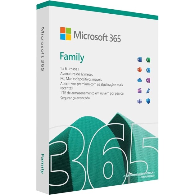 Microsoft 365 Family Office 365 Apps 1TB na Nuvem por Usuário até 6 Usuários Assinatura Anual