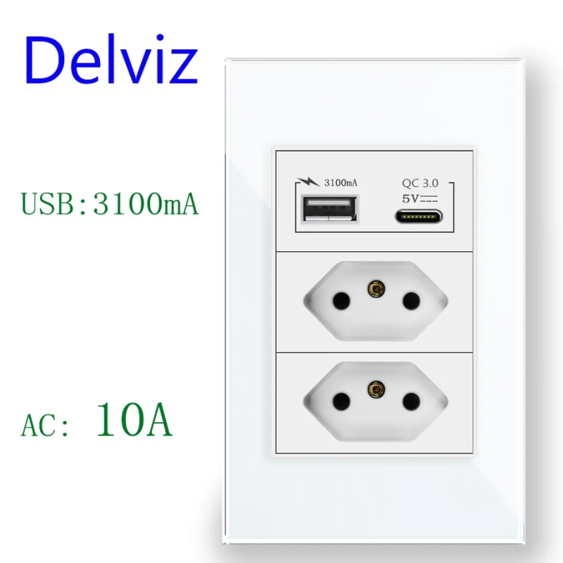tomada de parede Delviz AC10A entradas USB A e Tipo-C 3100mA