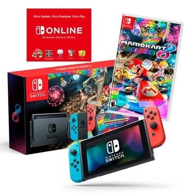 Console Nintendo Switch + Joy-Con Neon + Mario Kart 8 Deluxe + 3 Meses de Assinatura Nintendo Switch Online Azul e Verme