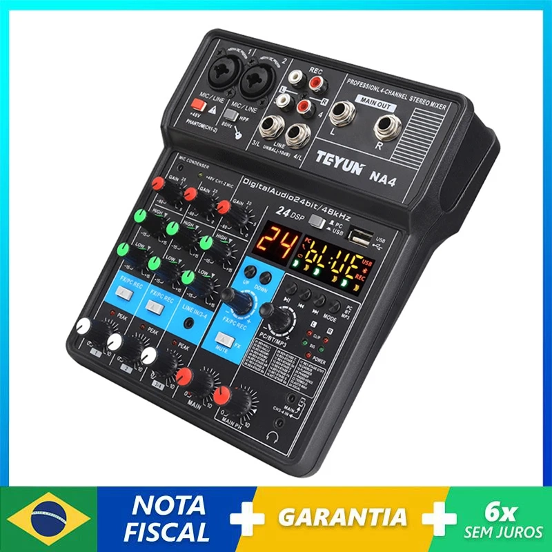 Mixer de Áudio Portátil Teyun 4 Canais NA4 Profissional 48V