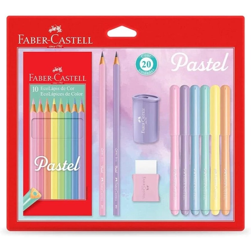 Kit Tons Pastel Faber-Castell 20 Lápis de Cor + Canetinhas + Borracha + Apontador + Grafite