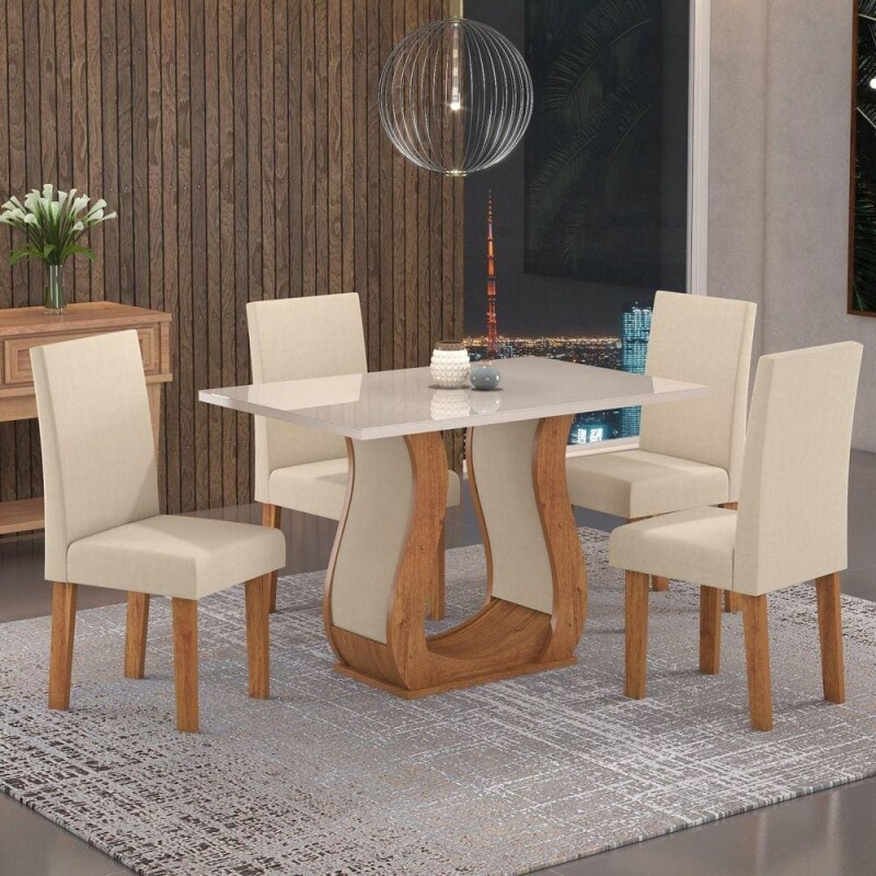 Conjunto Sala de Jantar Mesa Inovare 120x80cm Tampo Vidro/MDP com 4 Cadeiras Venus Viero Móveis Marrom/Off White/Bege