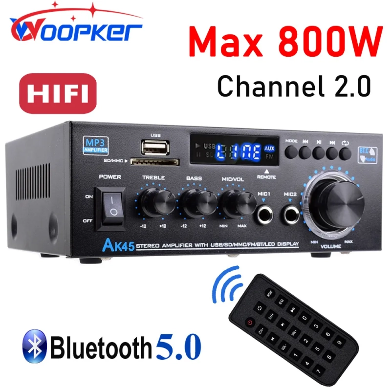 Amplificador Digital HiFi Potência Máxima Canal 90Wx2 Bluetooth Som Surround - Woopker-AK45